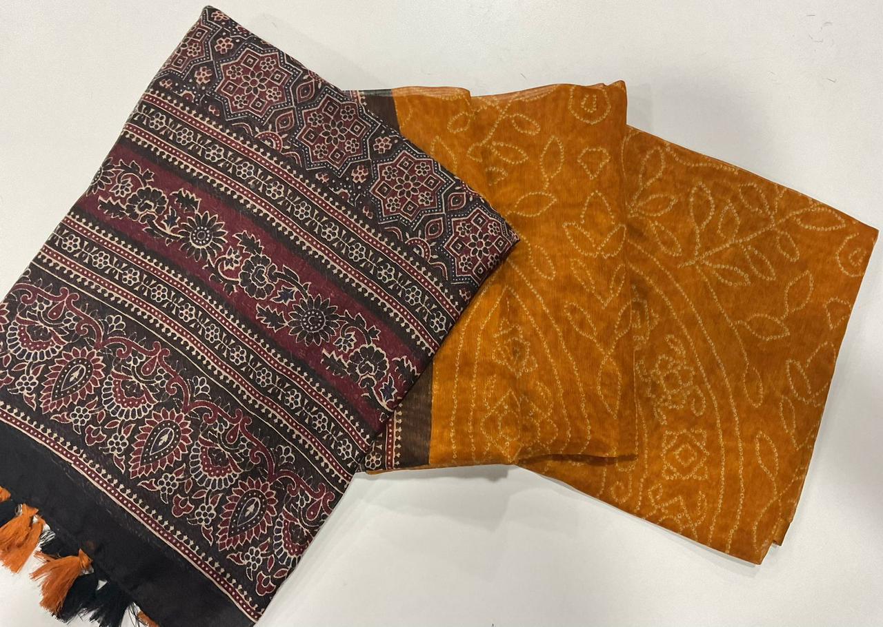Linen Digital Print Saree With Ajrakh Print Pallu And Bandhani Print Cotton Saree